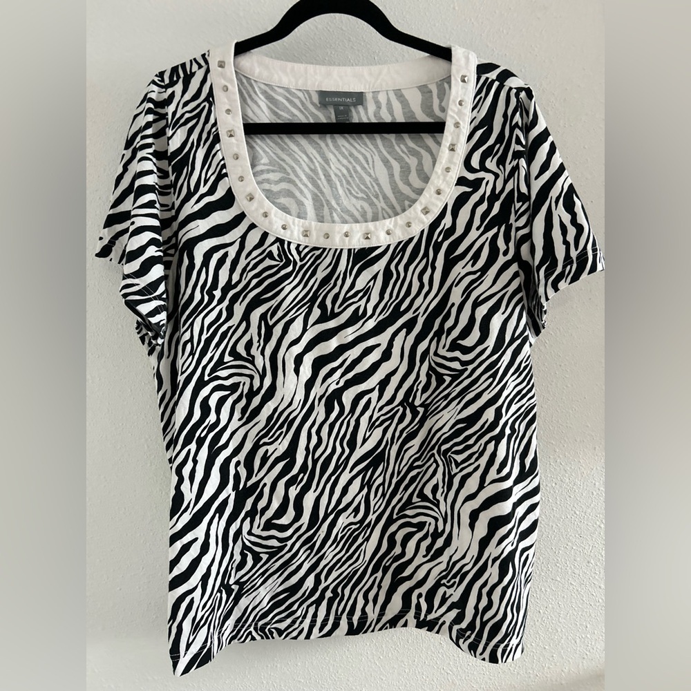 Essentials Zebra Print Scoop Neck Top with Stud Accents Size 1X